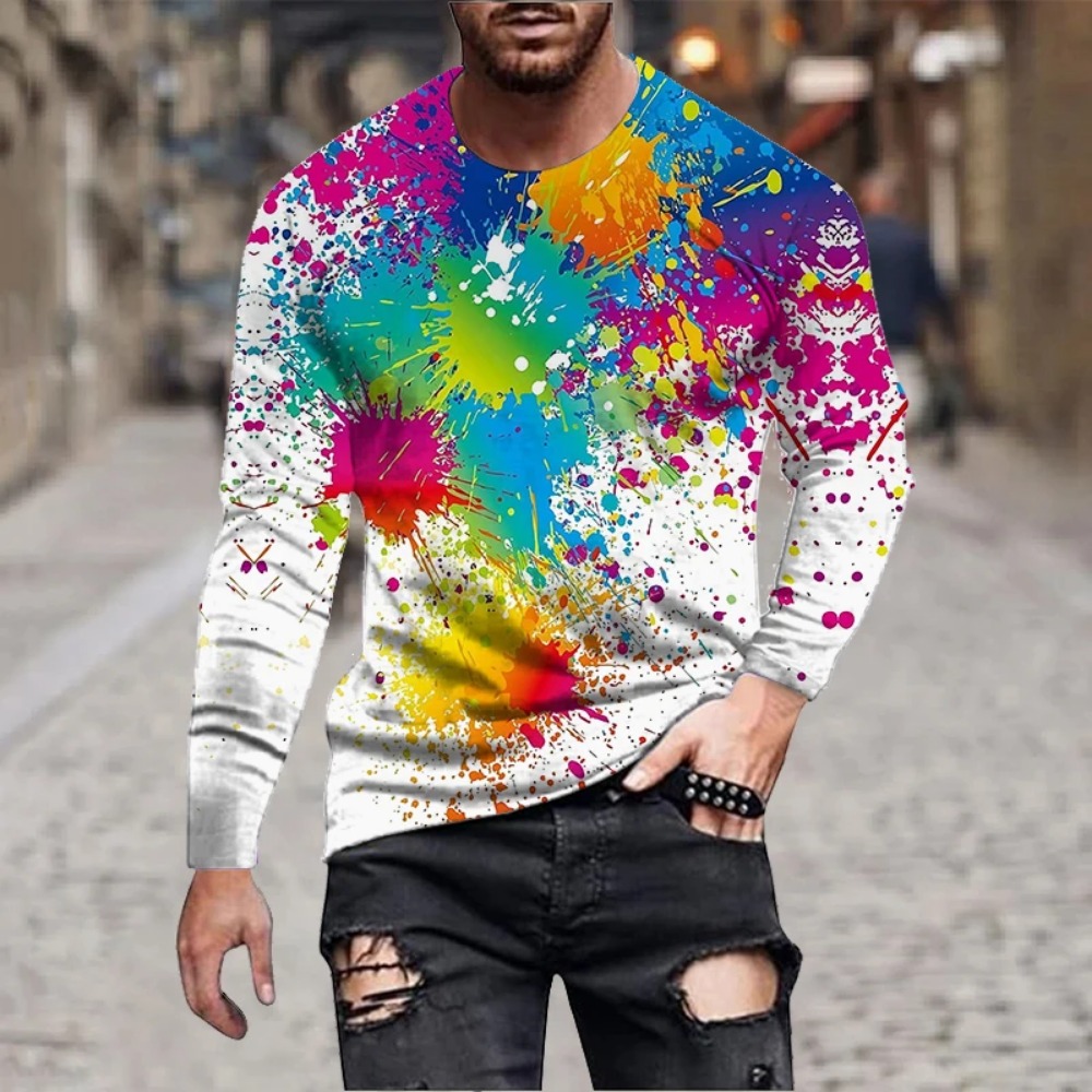Men'S Fashion T Shirts - メンズ レインボーペイントスプラッシュ 3Dプリント 長袖Tシャツ カラフルインクグラフィティTシャツ ノベルティ
