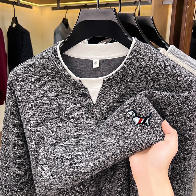 Mens Fashion Wear - ファッショントレンド無地メンズフェイクツーピースTシャツ秋冬快適長袖プルオーバートップスビジネスメンズウェア
