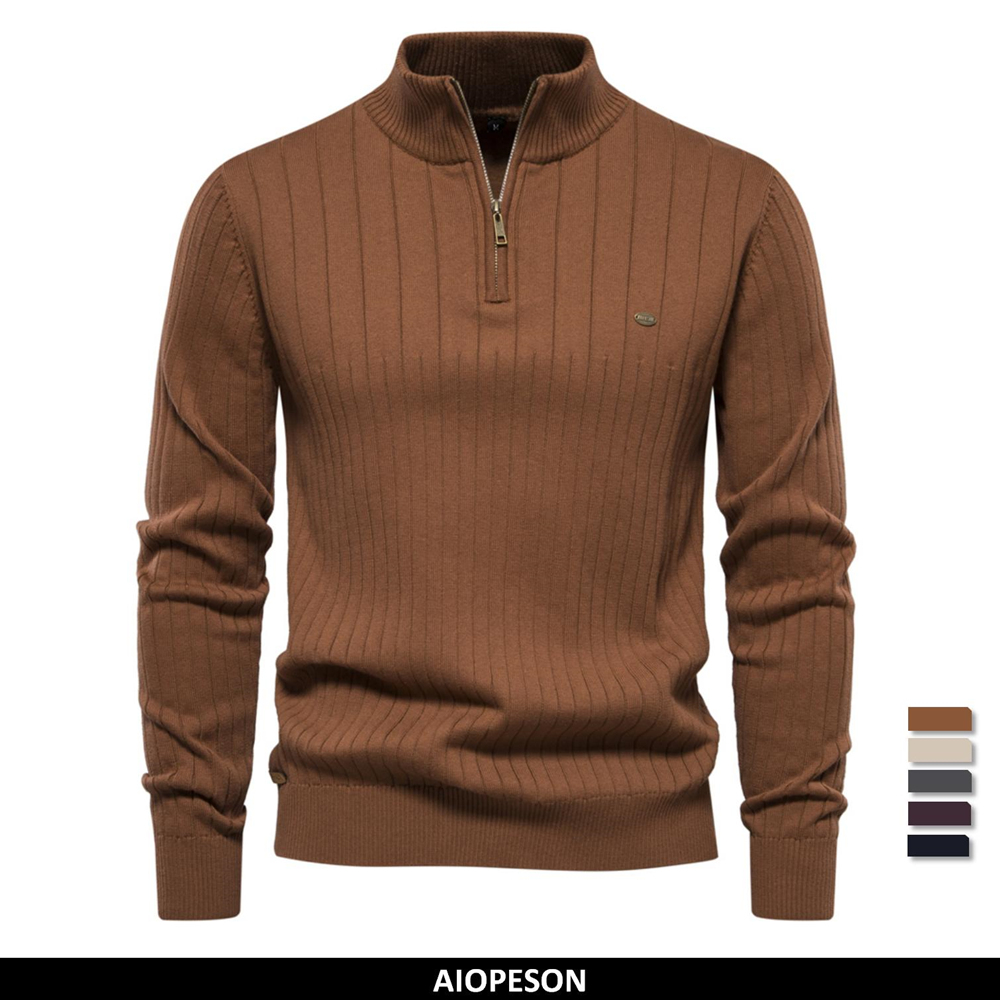 Men'S Fashion Zip Sweater - 2023 新秋ジッパープルオーバーセーター男性のための高品質暖かい冬スタンドカラー綿ニットセーター男性