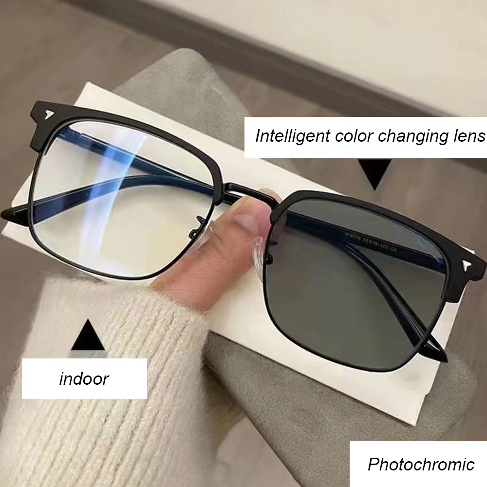 Mens Fashion Discord - 男性用フォトクロミックサングラス,ハーフフレーム,透明,青色光の変色防止,コンピューター用