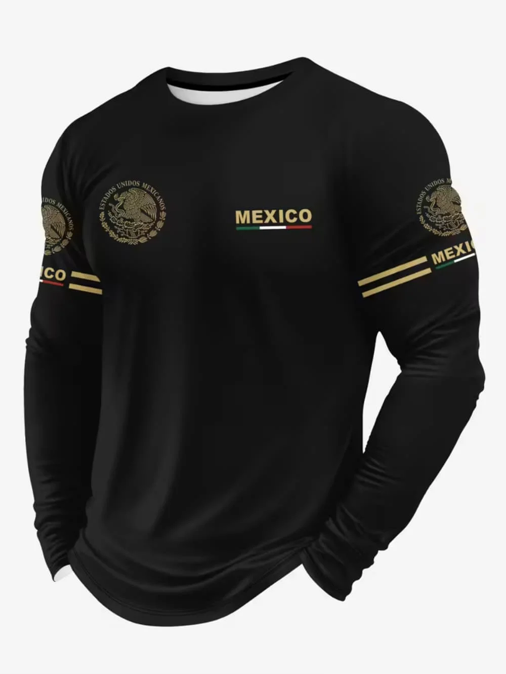 Mens Fashion Wear - メンズメキシコイーグルプリントTシャツ、ファッショナブルで快適な長袖Tシャツ、カジュアルなOネックプルオーバー、秋向けのゆったりとしたメンズトップス