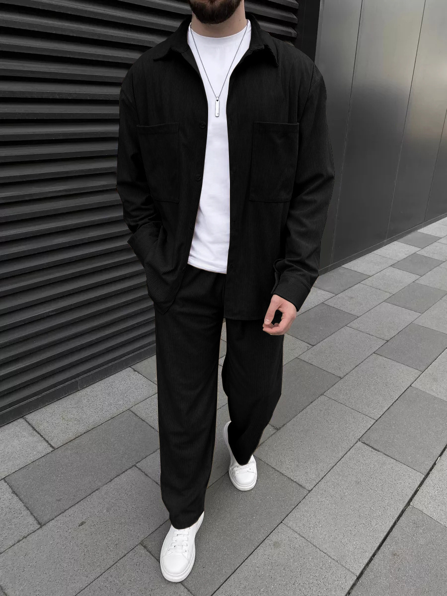 Mens Fashion Wear - メンズコーデュロイツーピースセット：長袖ボタンダウンシャツとワイドレッグトラウザーズのセット、ファッショナブルなカジュアルストリートスポーツウェア