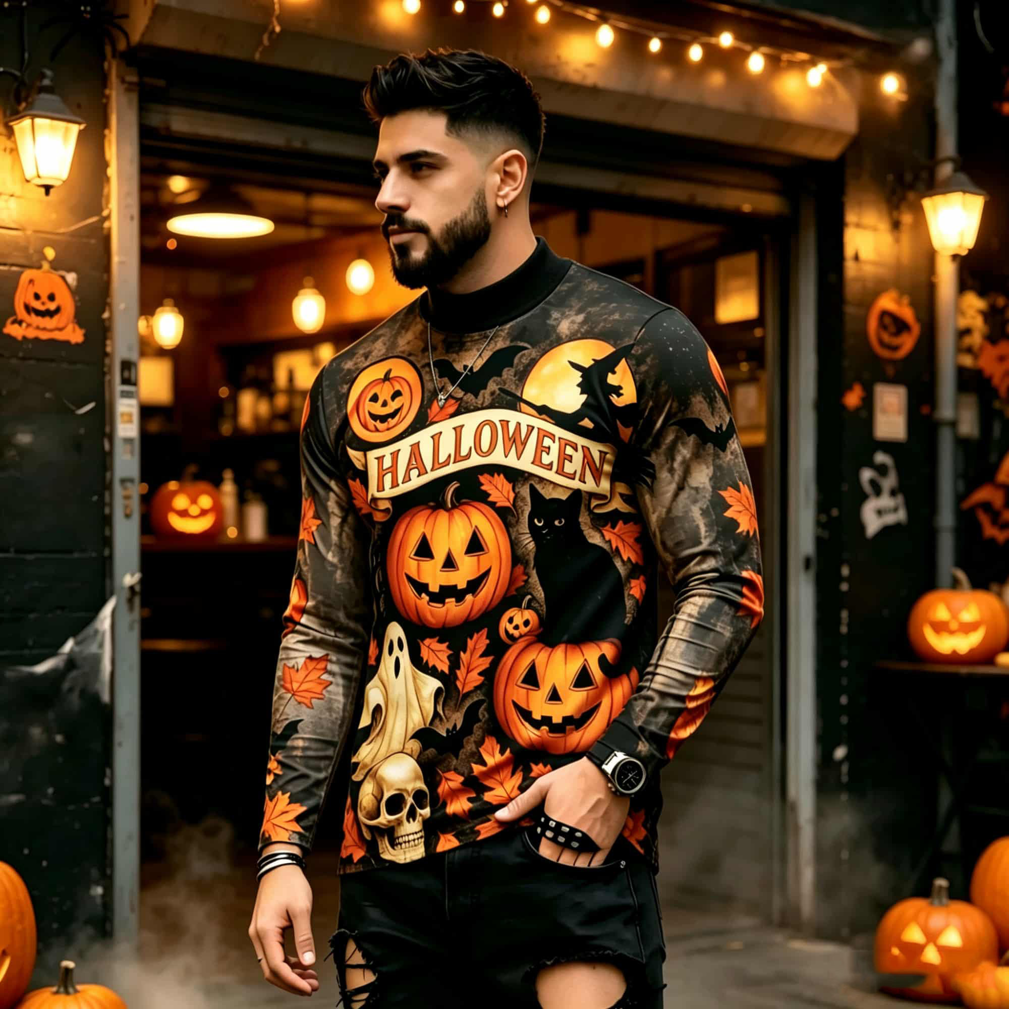 Mens Fashion Trend - カジュアルファッションストリートスタイル ハロウィンプリント 長袖Tシャツ パンプキンゴースト黒猫柄 トレンディで多用途なメンズトップス
