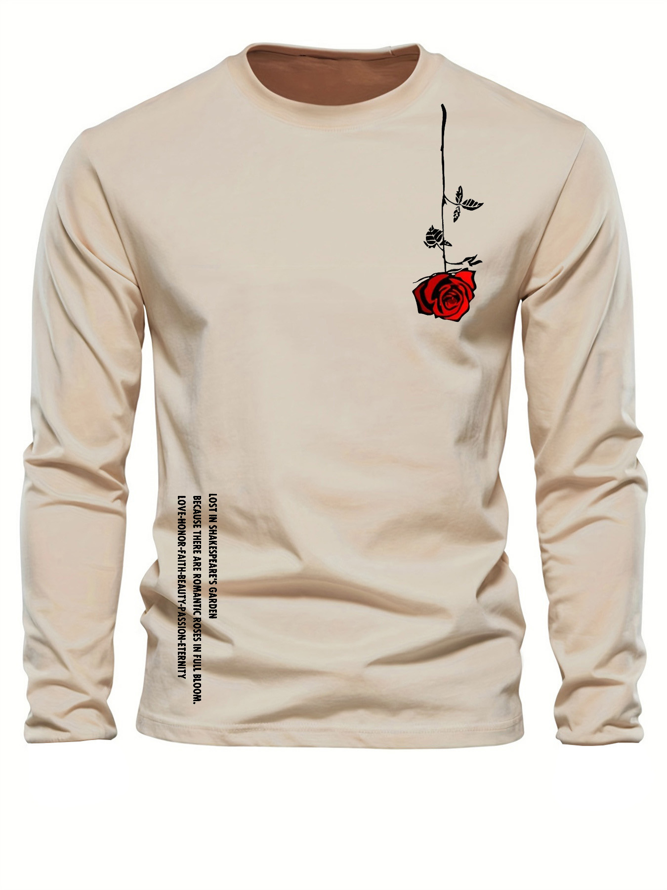 Men'S Fashion T Shirts - 100% 純綿メンズ長袖ラウンドネックルーズカジュアルローズレタープリント春と秋の万能 T シャツトップ