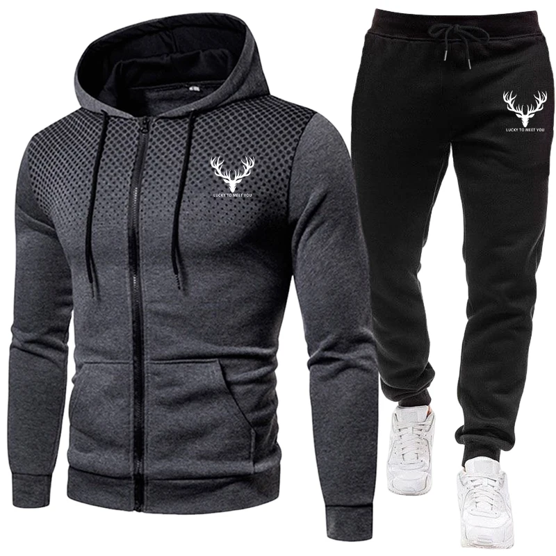 Mens Fashion Wear - 2026新作 メンズセット ジップアップパーカーと黒のスウェットパンツ 秋冬 デイリーカジュアルファッション スポーツウェア