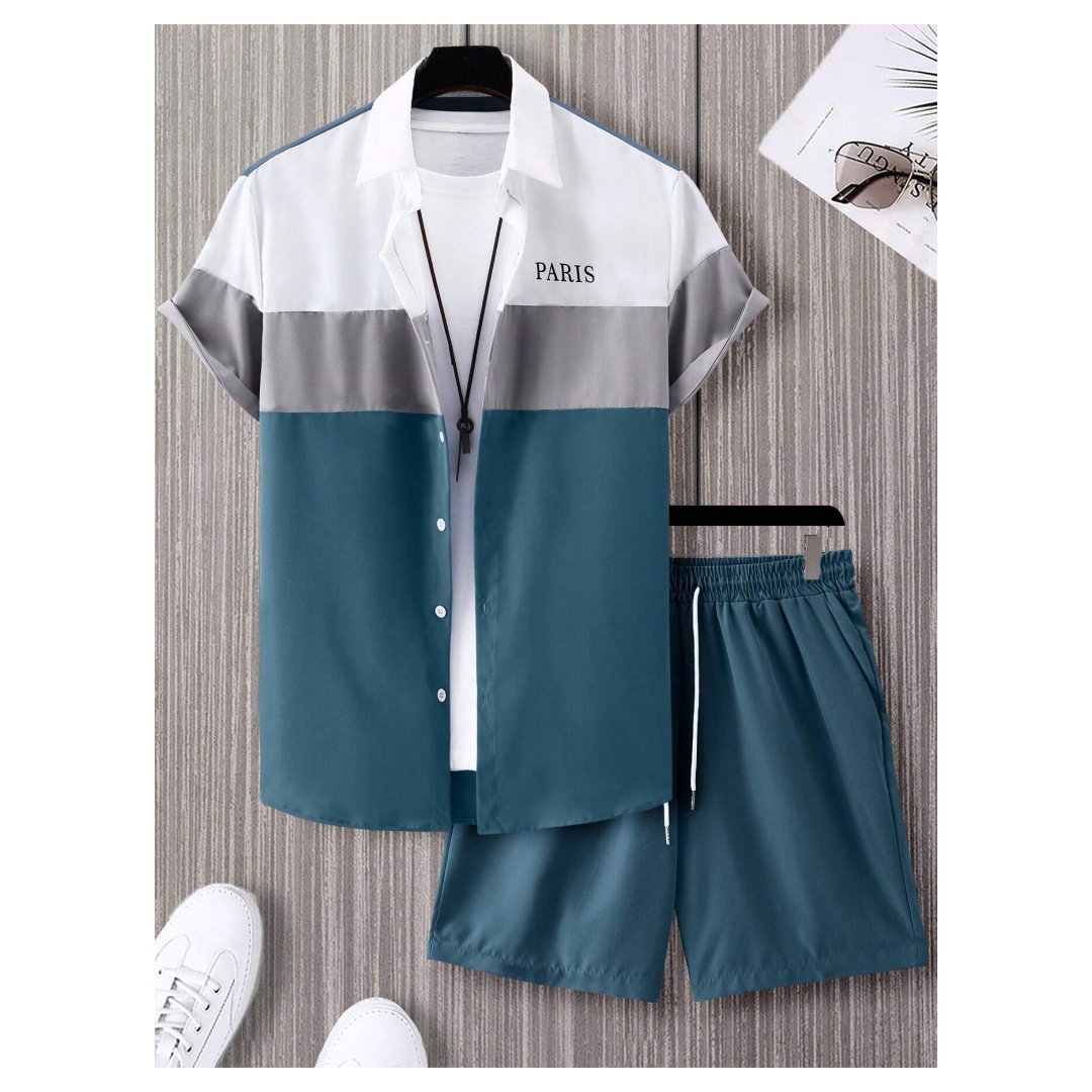 Mens Fashion Wear - メンズファッションスーツ 青と白のパッチワークカラー シングルブレスト半袖ラペルシャツとショートパンツ Y2K メンズツーピーススーツ