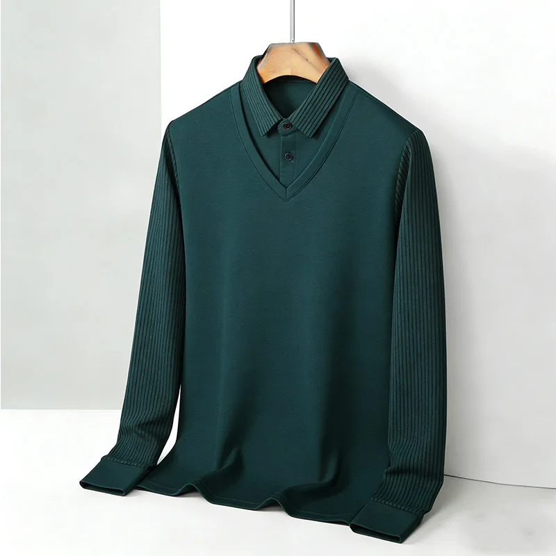 Mens Fashion Wear - メンズフェイクツーピースシャツ襟 V ネック長袖トップカーキストライプカジュアルファッションソフト生地日常着ブラウス