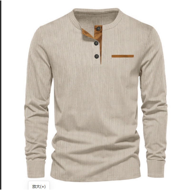 Mens Fashion Wear - メンズ コーデュロイ ヘンリーネック 長袖 Tシャツ ファッション