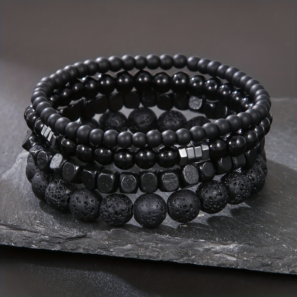 Mens Fashion Combination - 4 ピース/セット黒胆石火山石ウッドビーズ多層メンズコンビネーション弾性ブレスレットカップル友人ジュエリー