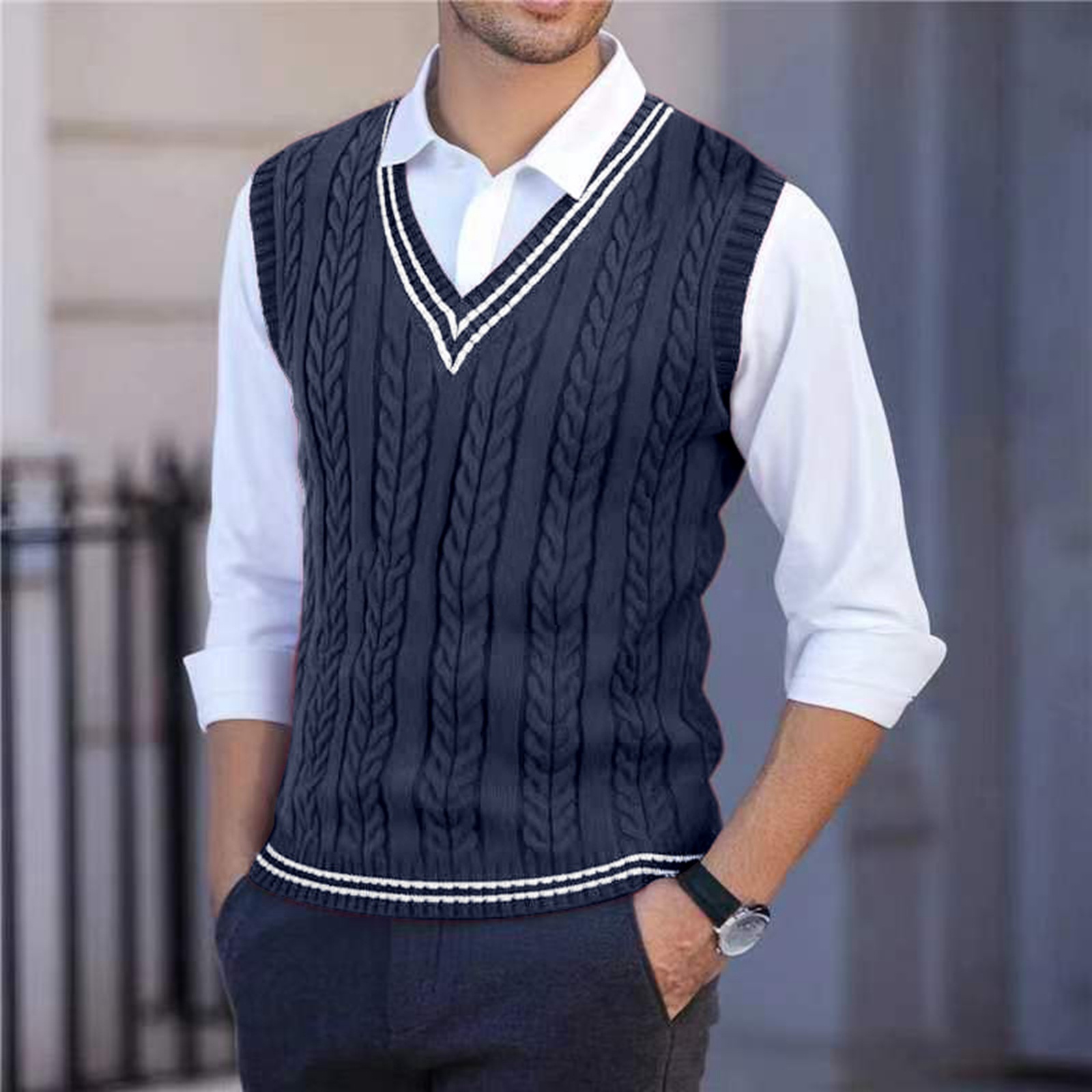 Men'S Fashion Zip Sweater - 2026年メンズニットVネックセーターベスト、カラーブロックストライプノースリーブニットウェア、プルオーバーセーター、メンズビジネスカジュアルベスト