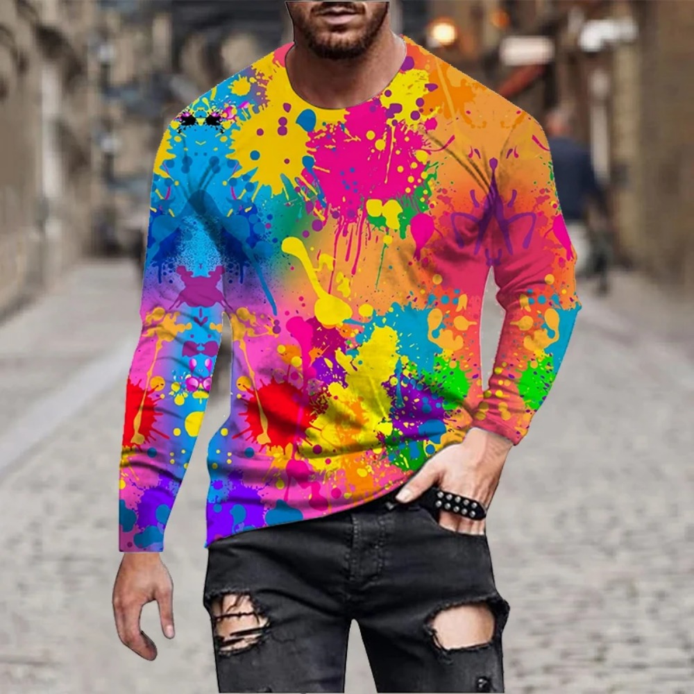 メンズ レインボーペイントスプラッシュ 3Dプリント 長袖T - Men'S Fashion T Shirts のレビューと価格