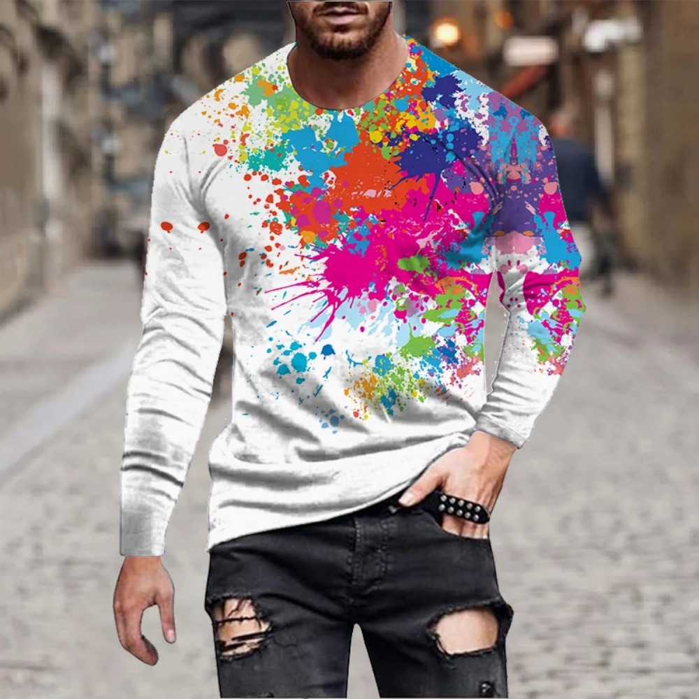 メンズ レインボーペイントスプラッシュ 3Dプリント 長袖T - Men'S Fashion T Shirts のレビューと価格
