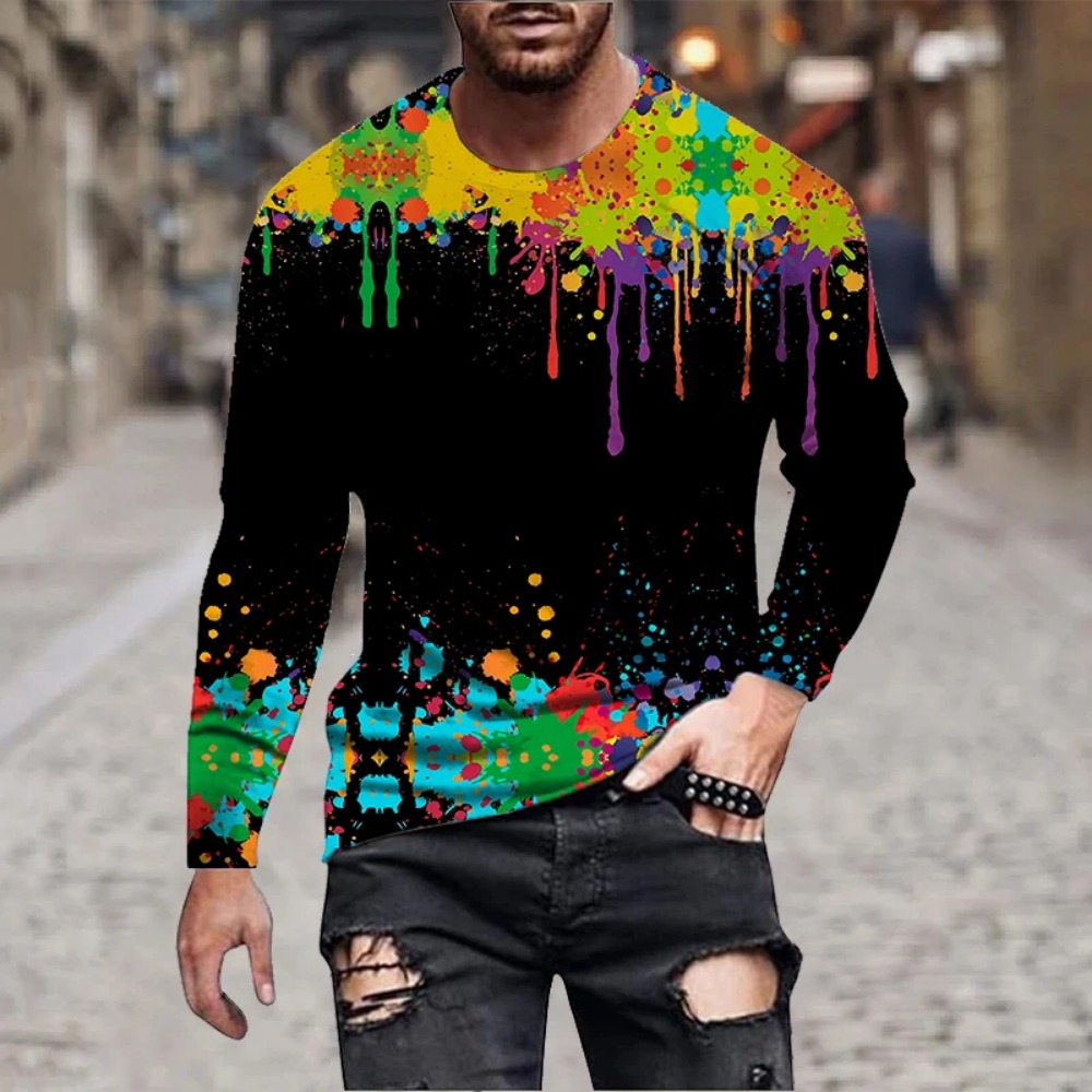 メンズ レインボーペイントスプラッシュ 3Dプリント 長袖T - Men'S Fashion T Shirts のレビューと価格