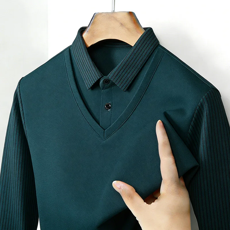メンズフェイクツーピースシャツ襟 V ネック長袖トップカーキ - Mens Fashion Wear のレビューと価格