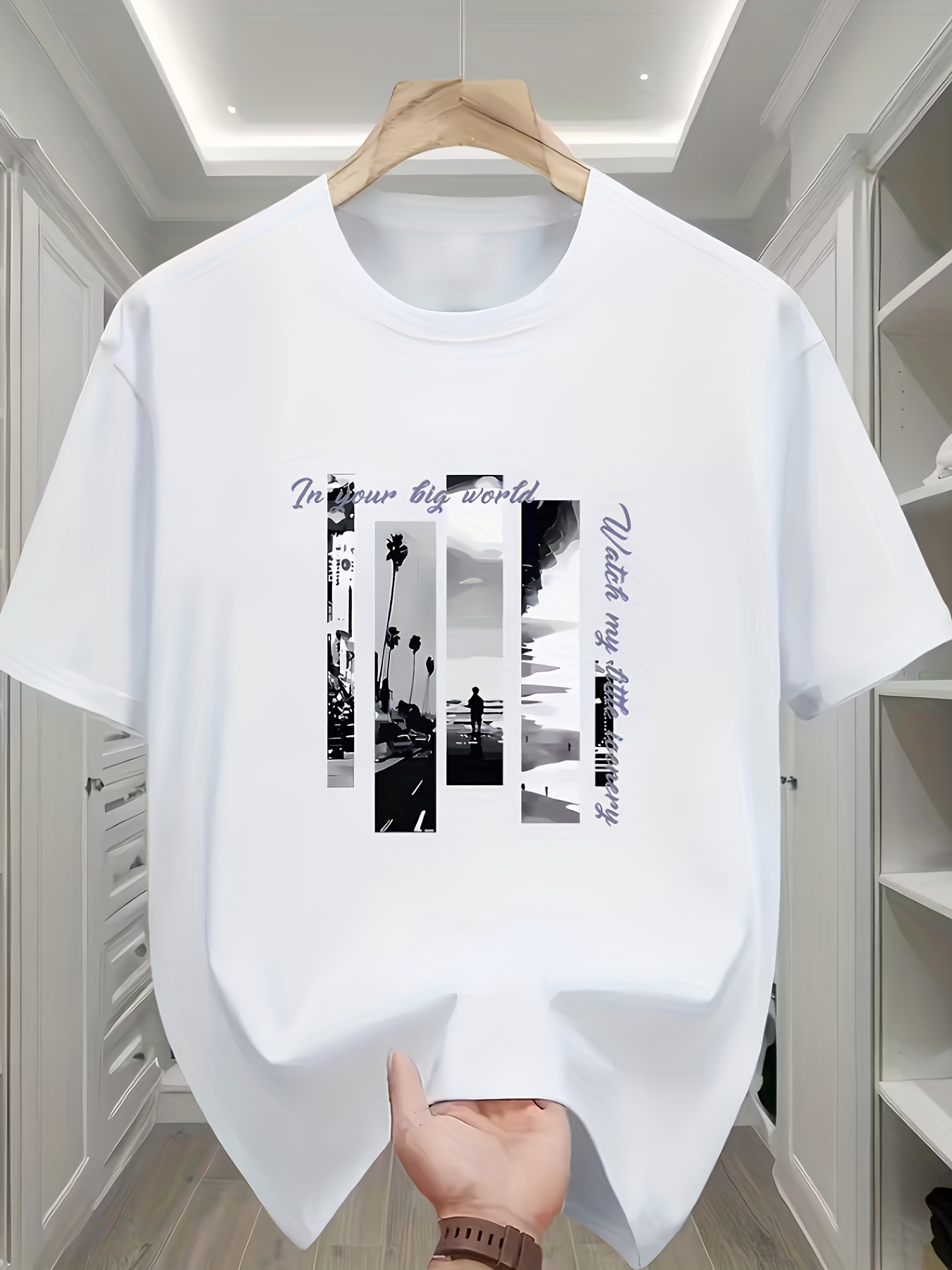 ラウンドネックの半袖Tシャツ。前面には都市の風景を描いたスト - Mens Fashion Combination のレビューと価格