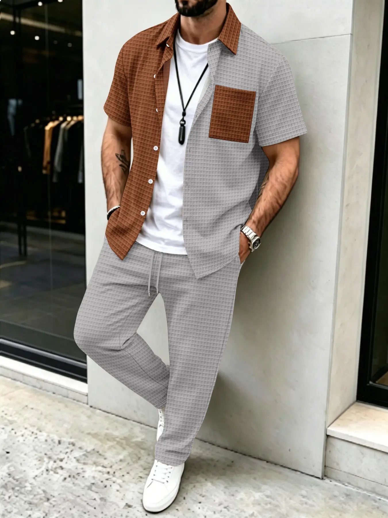 メンズ無地ワッフル柄カジュアル、カラーブロックデザインシャツ - Mens Fashion Wear のレビューと価格