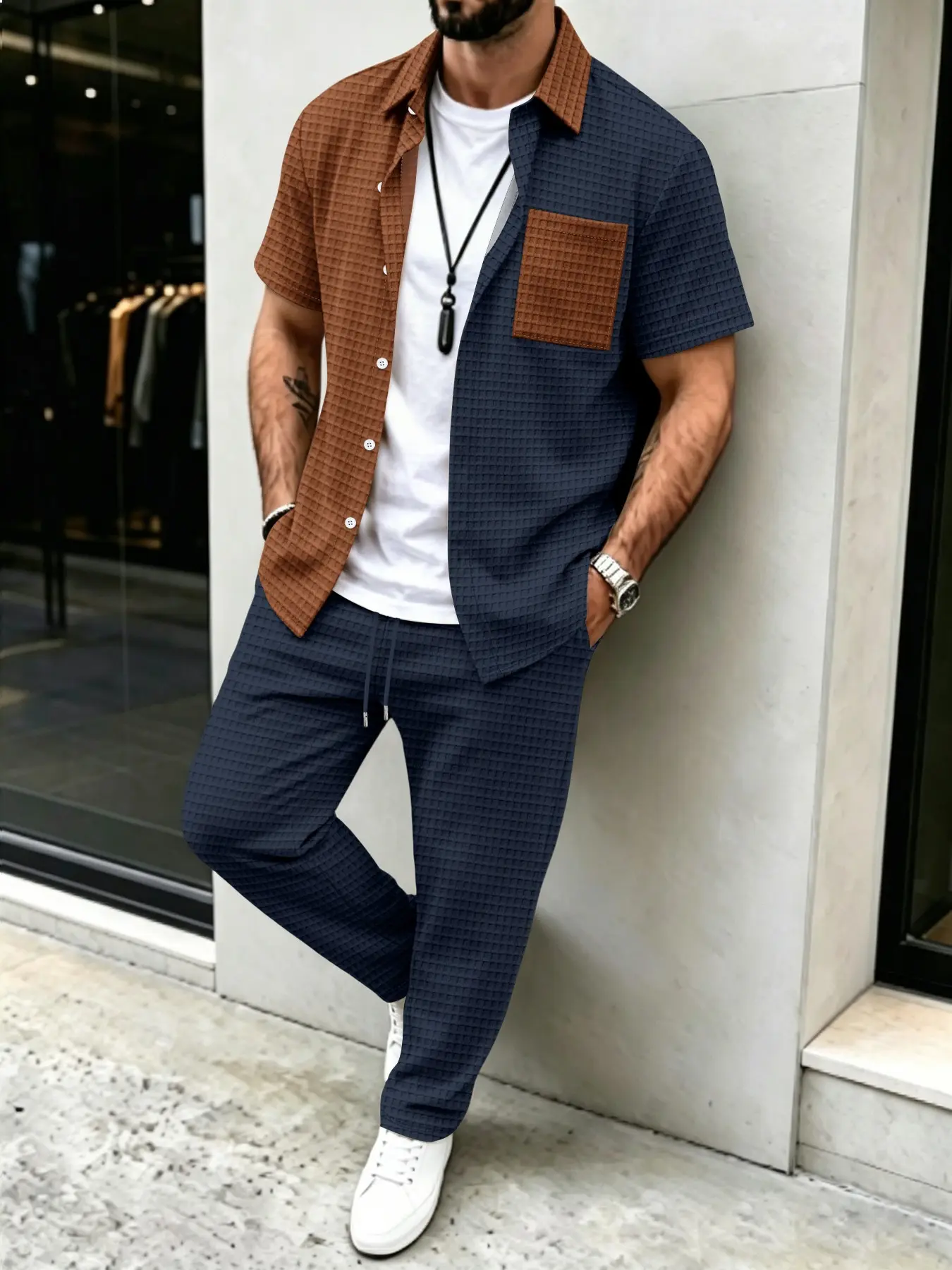 メンズ無地ワッフル柄カジュアル、カラーブロックデザインシャツ - Mens Fashion Wear のレビューと価格