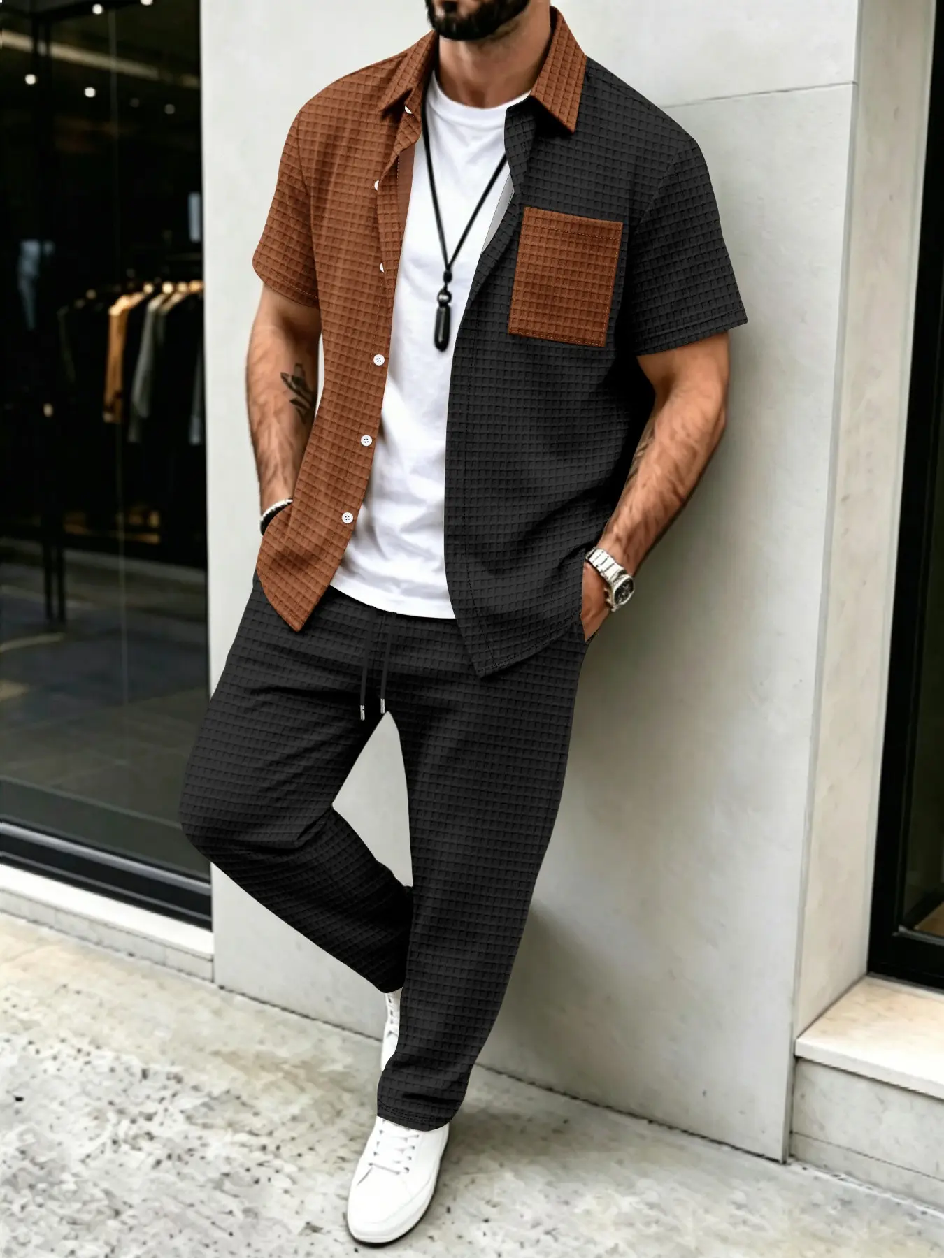 メンズ無地ワッフル柄カジュアル、カラーブロックデザインシャツ - Mens Fashion Wear のレビューと価格