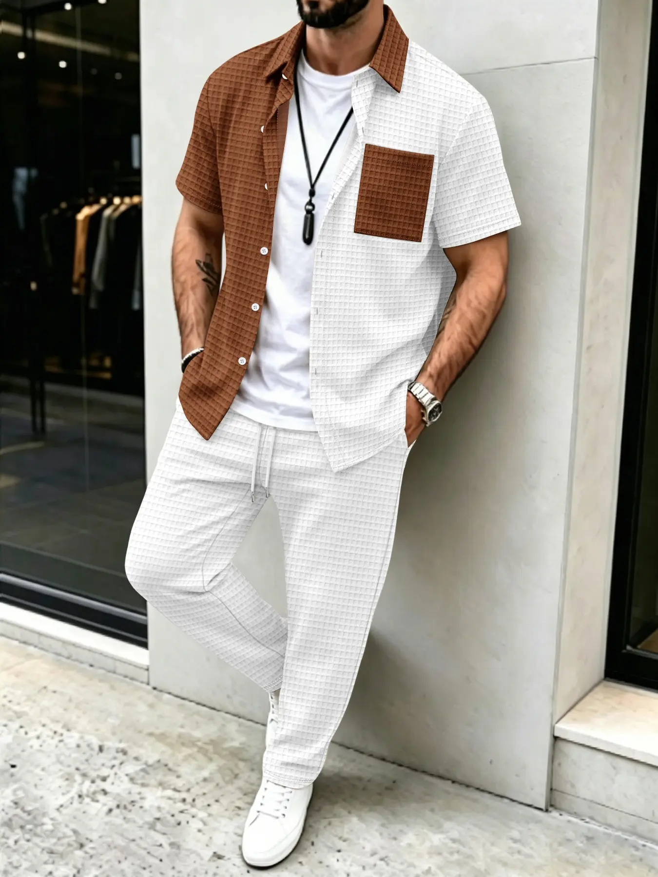 メンズ無地ワッフル柄カジュアル、カラーブロックデザインシャツ - Mens Fashion Wear のレビューと価格