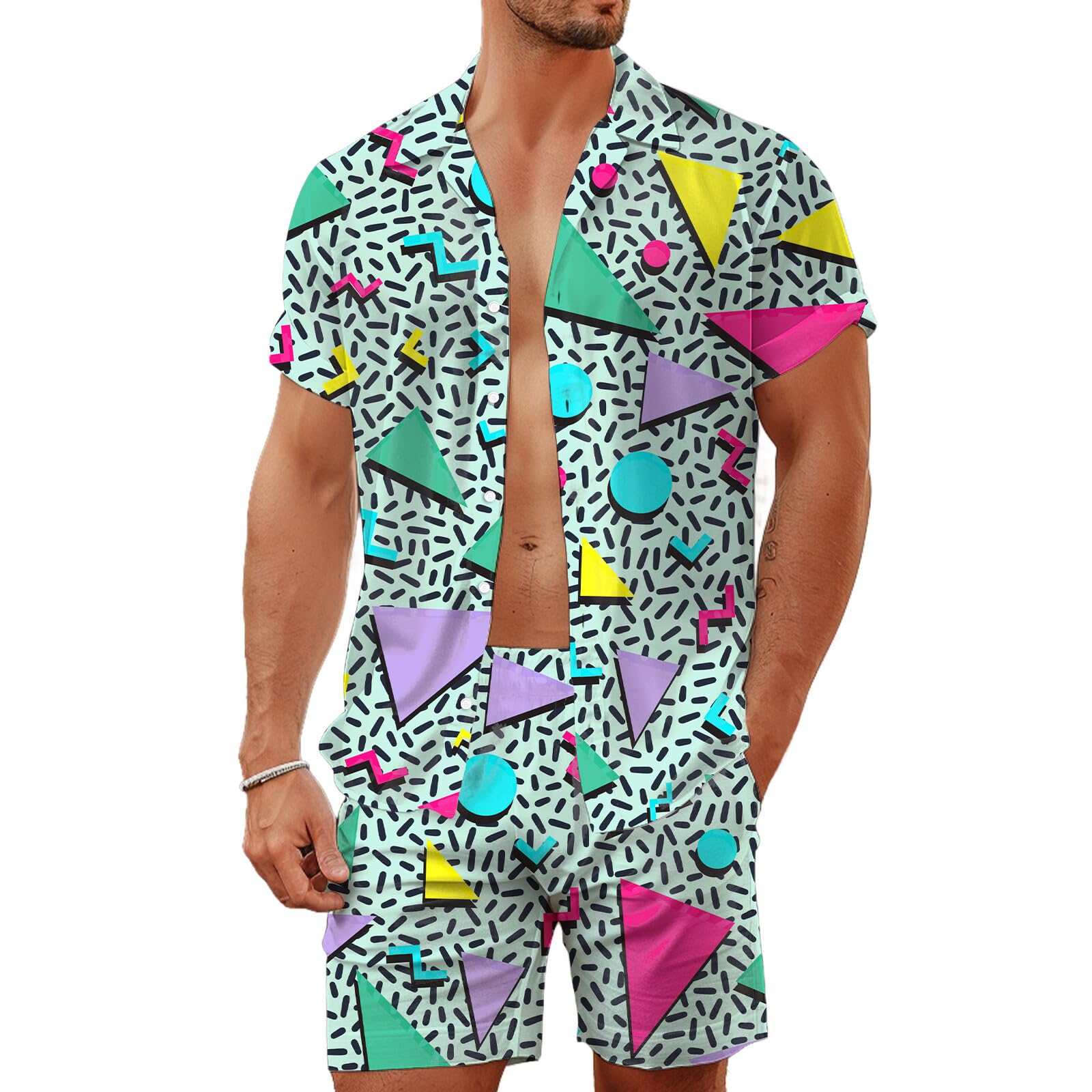 夏用不規則幾何学模様3Dプリントメンズシャツセットファッショ - Mens Fashion Wear のレビューと価格