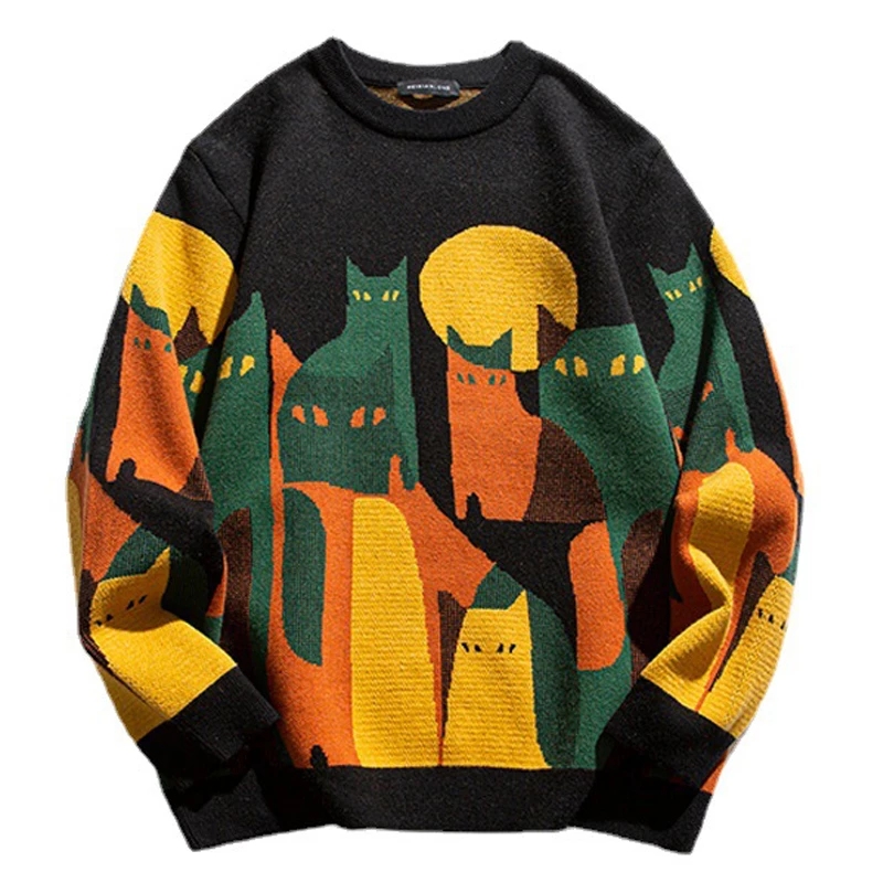 男性と女性のための原宿ニットセーター,フルキャットプリントの - Men'S Fashion Zip Sweater のレビューと価格