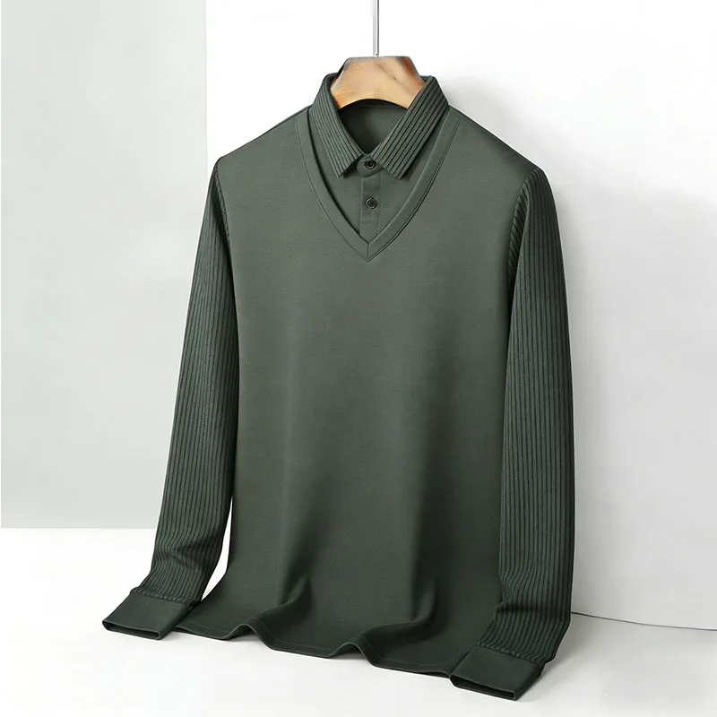 メンズフェイクツーピースシャツ襟 V ネック長袖トップカーキ - Mens Fashion Wear のレビューと価格