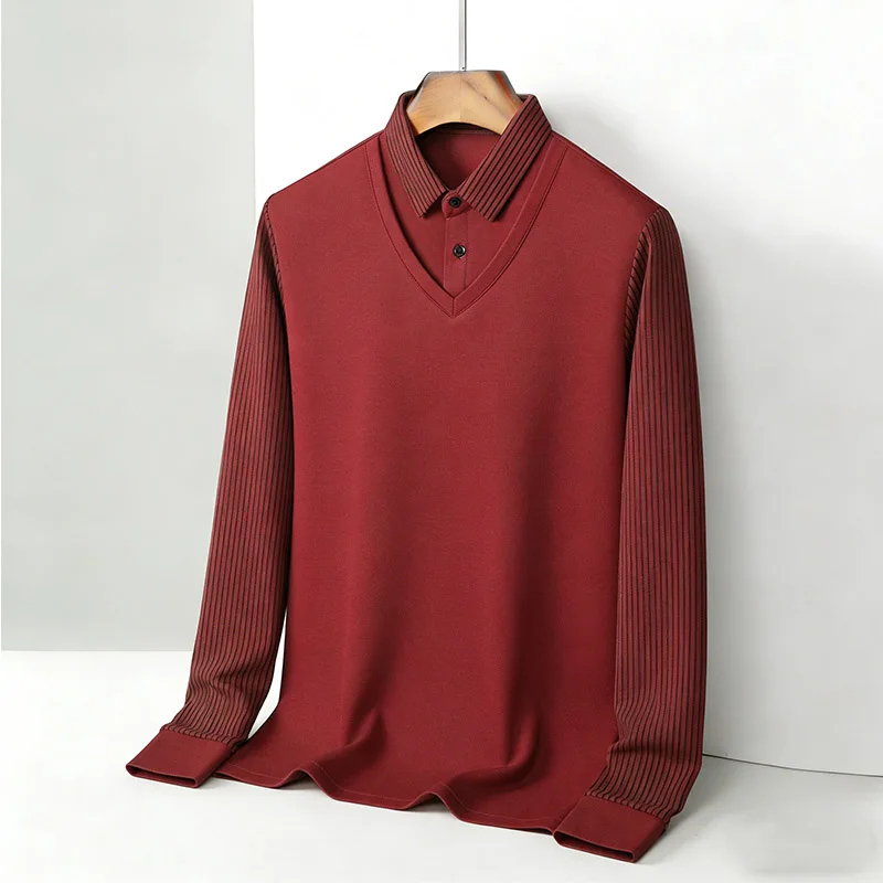 メンズフェイクツーピースシャツ襟 V ネック長袖トップカーキ - Mens Fashion Wear のレビューと価格