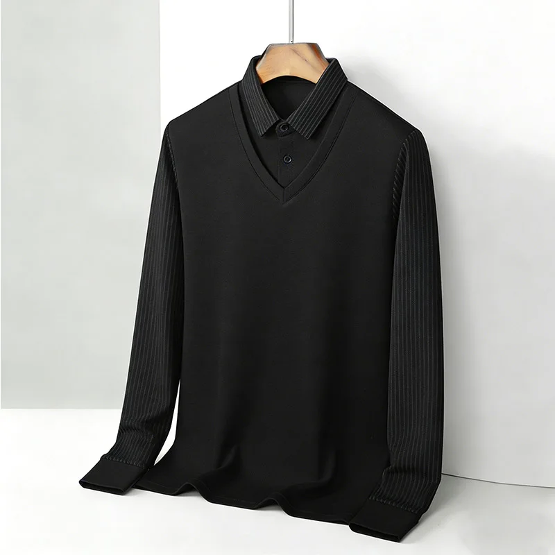 メンズフェイクツーピースシャツ襟 V ネック長袖トップカーキ - Mens Fashion Wear のレビューと価格