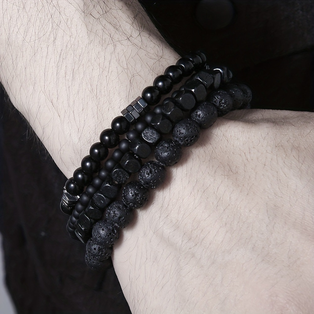 4 ピース/セット黒胆石火山石ウッドビーズ多層メンズコンビネ - Mens Fashion Combination のレビューと価格