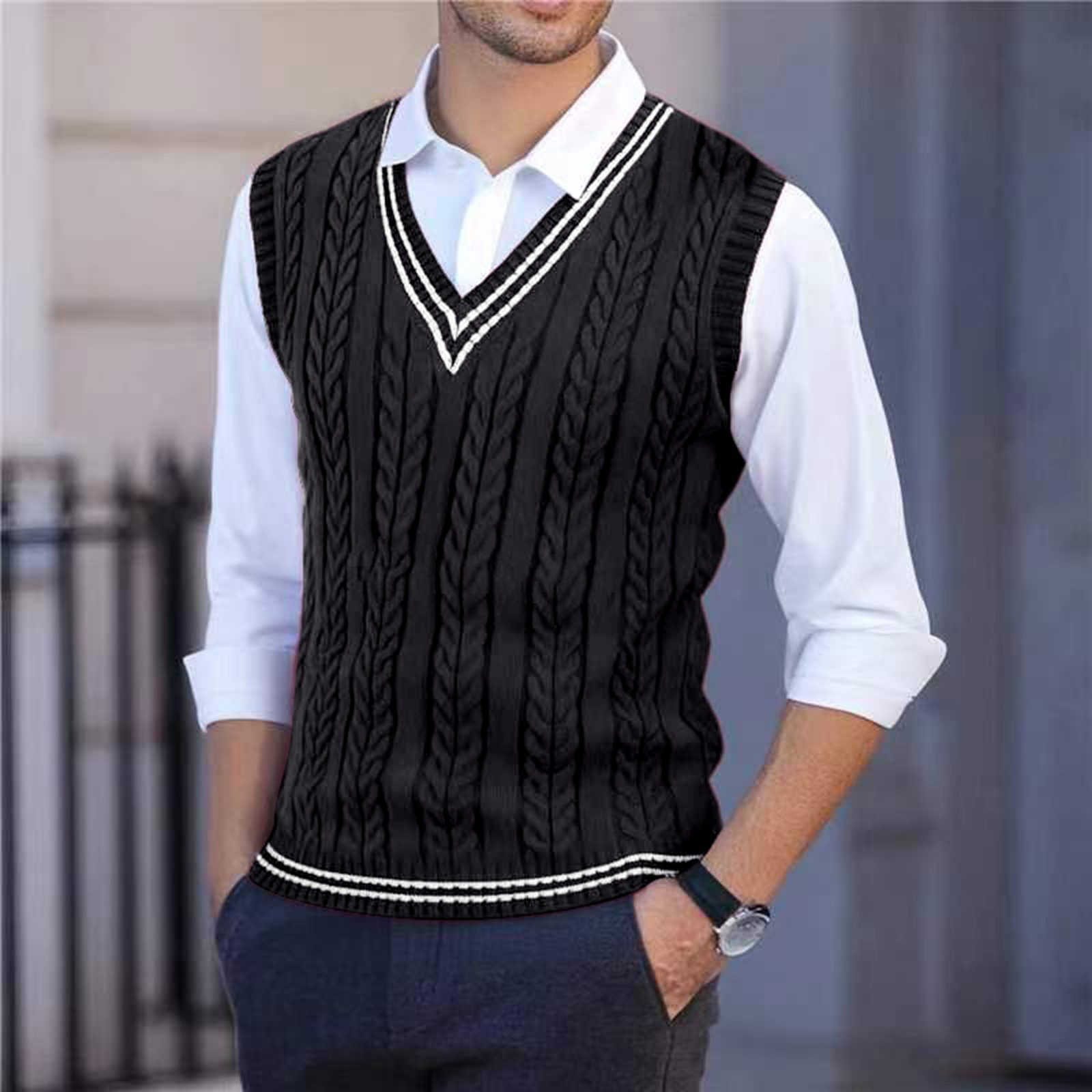 2026年メンズニットVネックセーターベスト、カラーブロック - Men'S Fashion Zip Sweater のレビューと価格